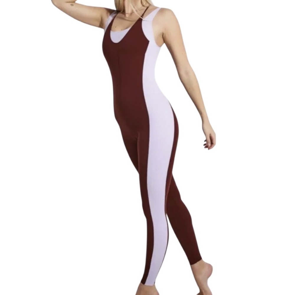 NWT Nike Yoga Dri-FIT Luxe layered 7/8 Jumpsuit in Brown & Lilac Stretch Fabric